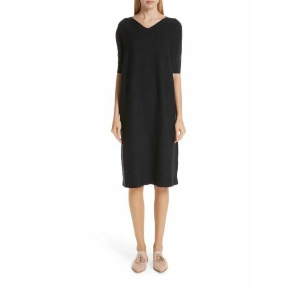 Lafayette 148 Relaxed Fit Wool Knit Midi Dress Short Sleeve V Neck S New